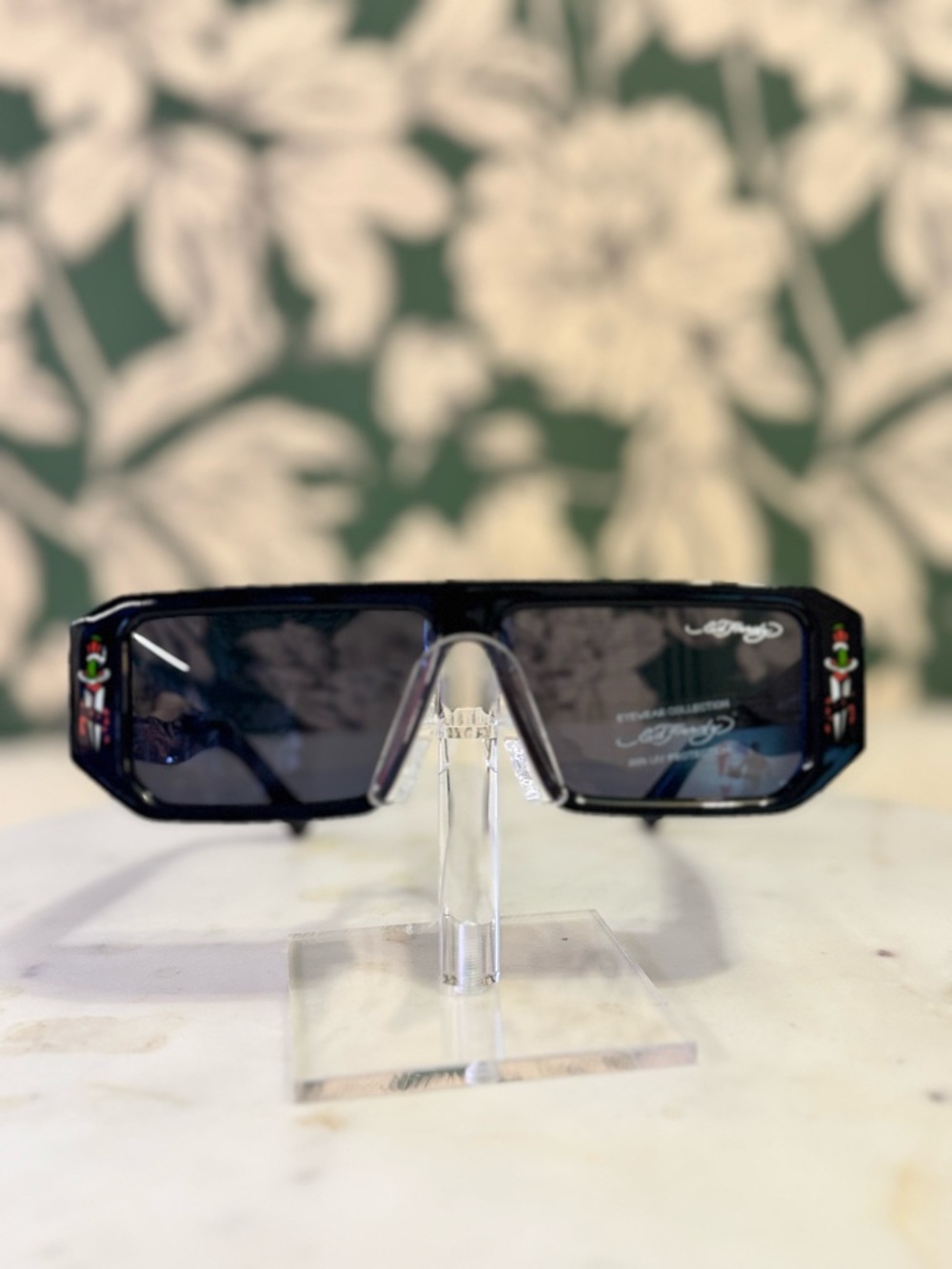 Ed Hardy Black Rectangular Sunglasses with Branded Temple Accents NWT